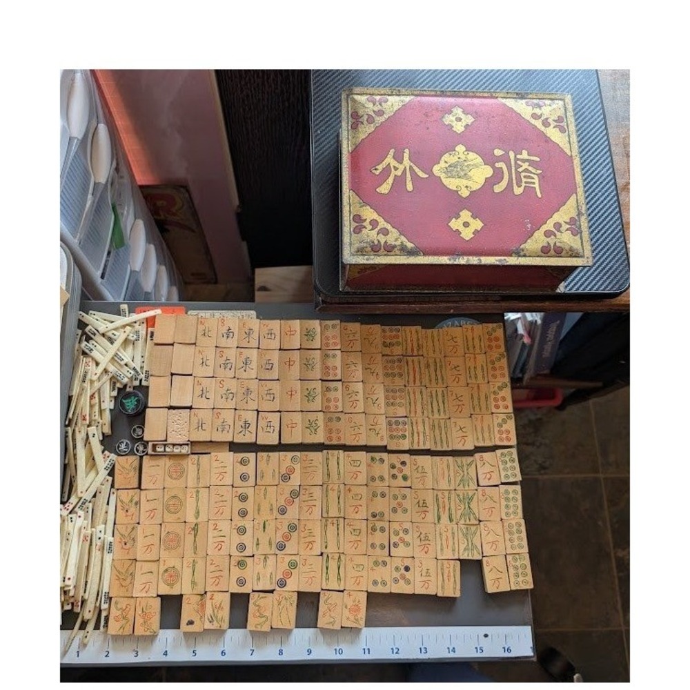 Antique 20s Admiral Mahjong Set Bone Bamboo Tiles Sticks Tin Box Hand Carved